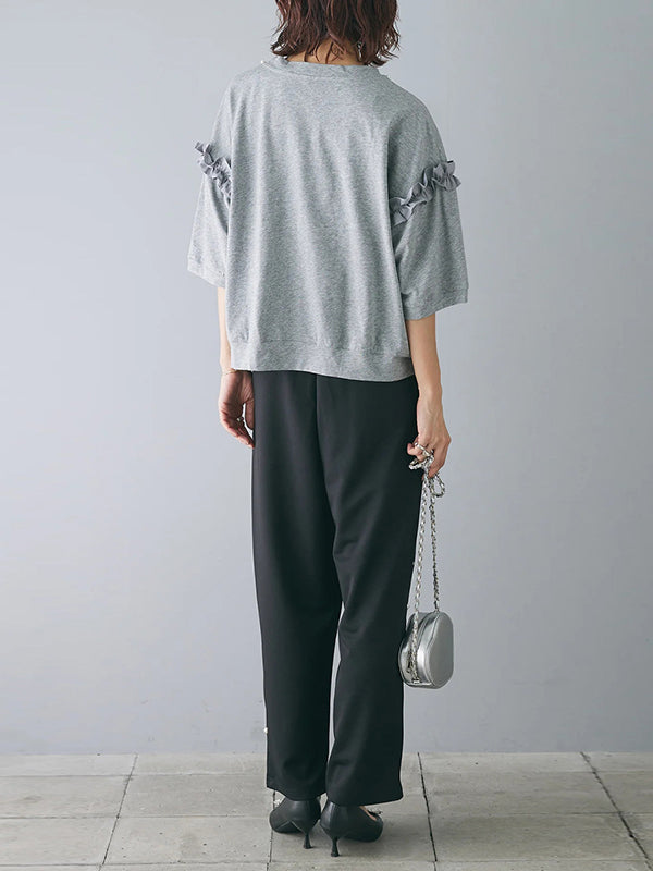 Beaded Ruffled Solid Color Half Sleeves Round-Neck T-Shirts Tops&Pants Two Pieces Set