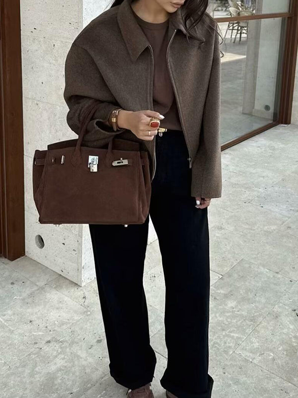 Solid Color Split-Joint Zipper Long Sleeves Loose Lapel Woolen Coat Outerwear
