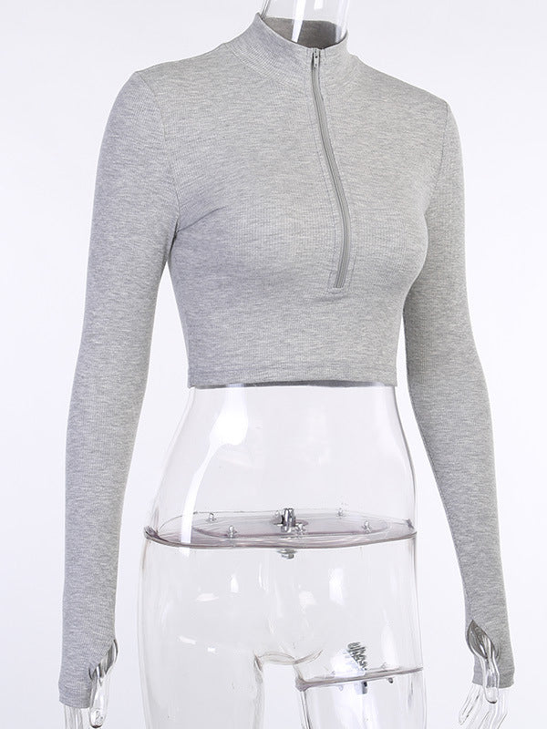 Hollow Solid Color Zipper Long Sleeves Skinny Deep V-Neck T-Shirts Tops