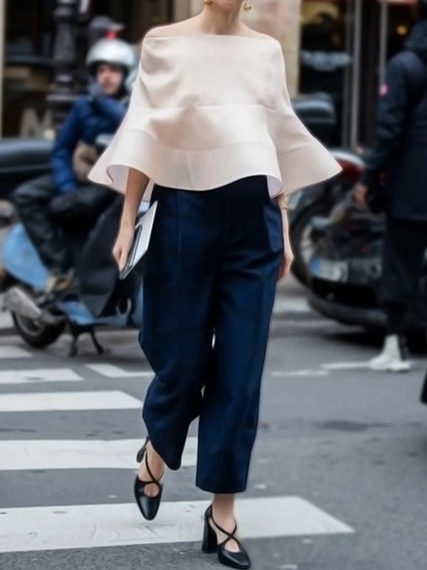 Solid Color Split-Joint High Waisted Loose Trousers Pants Ninth Pants