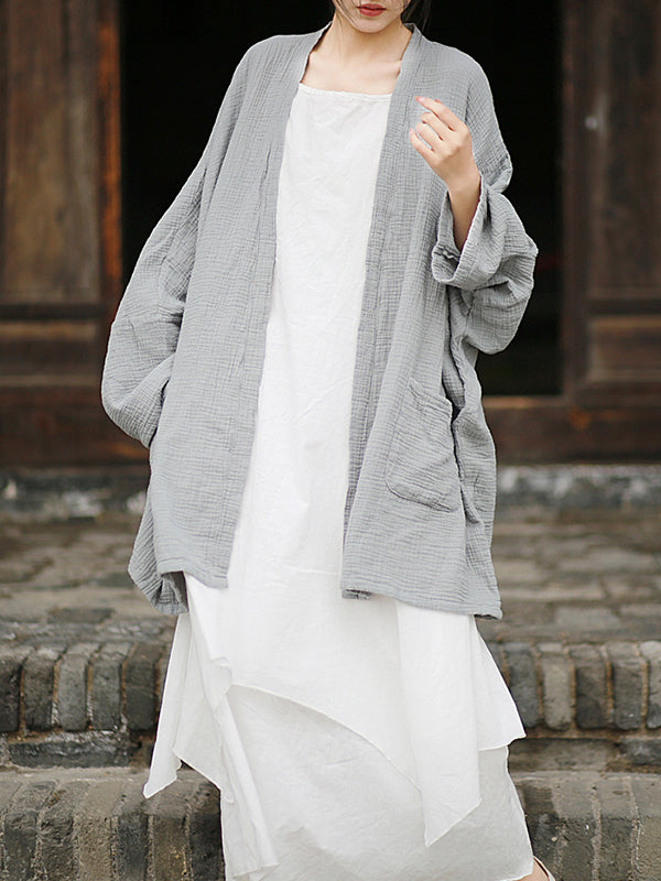 Pleated Solid Color Split-Joint Batwing Sleeves Loose Cover-Ups Tops