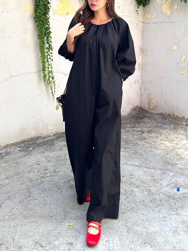 Elasticity Pleated Pockets Solid Color Long Sleeves Loose Round-neck Jumpsuits