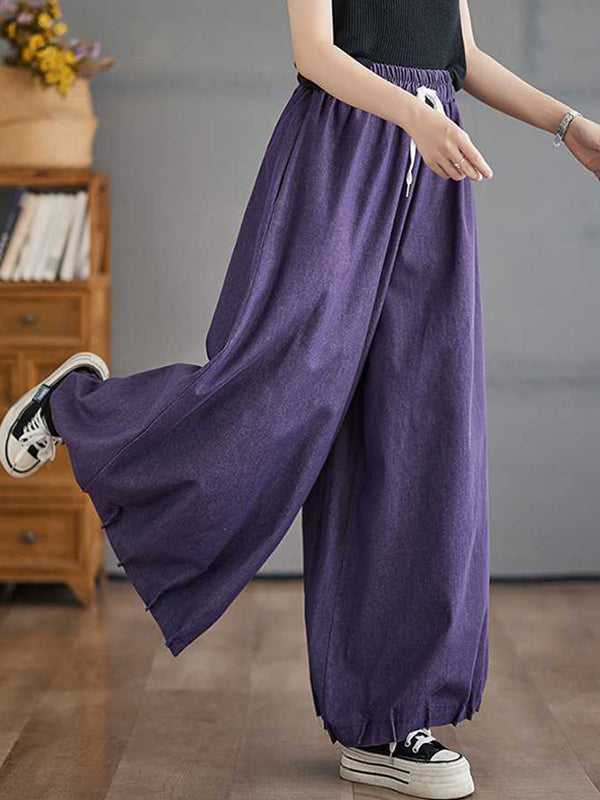 Drawstring Elasticity Pleated Pockets High Waisted Loose Pants Knickerbockers Culotte
