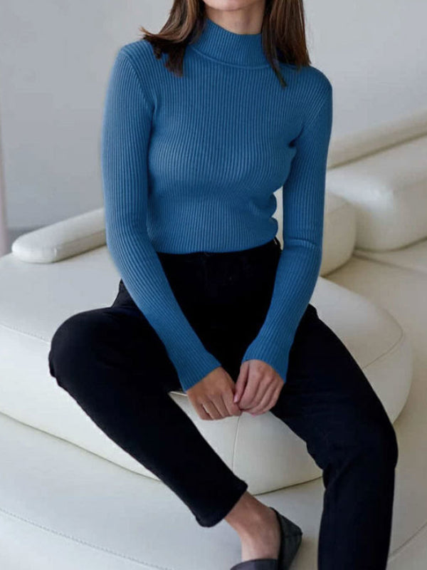 Solid Color Split-Joint Long Sleeves Skinny High Neck Sweater Tops