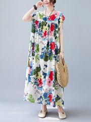 Original Loose Artistic Retro Floral Printed Pleated Midi Dress