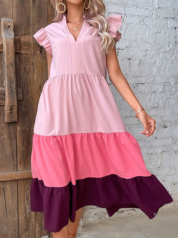 Contrast Color Pleated Split-Joint Loose Sleeveless V-Neck Midi Dresses