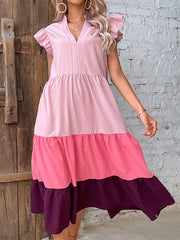 Contrast Color Pleated Split-Joint Loose Sleeveless V-Neck Midi Dresses