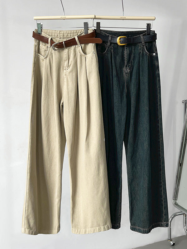 Belted Pleated Pockets High Waisted Wide Leg Jean Pants Bottoms
