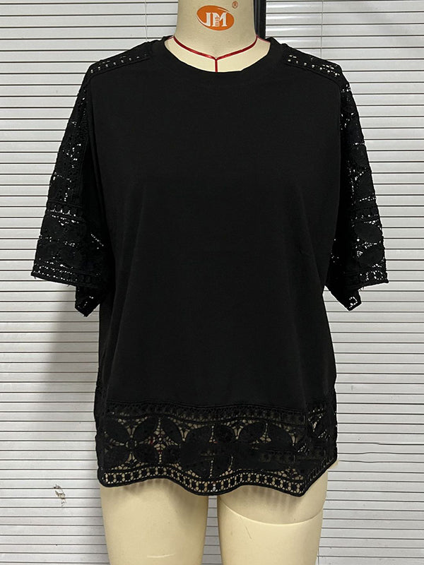 Hollow Solid Color Split-Joint Half Sleeves Loose Round-Neck T-Shirts