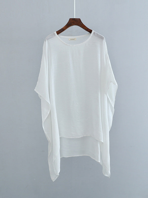 See-Through Solid Color Half Sleeves High-Low Round-Neck Blouses