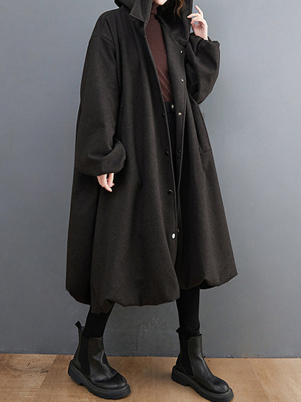 Buttoned Pockets Solid Color High-Low Long Sleeves Hooded Woolen Coat