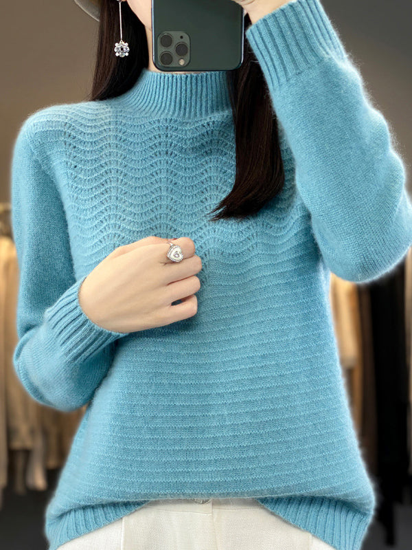 Solid Color Long Sleeves Loose Mock Neck Sweater Tops Pullovers