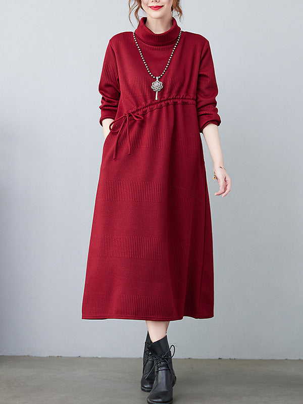 Casual Loose Solid Color Drawstring High-Neck Long Sleeves Sweater Dress