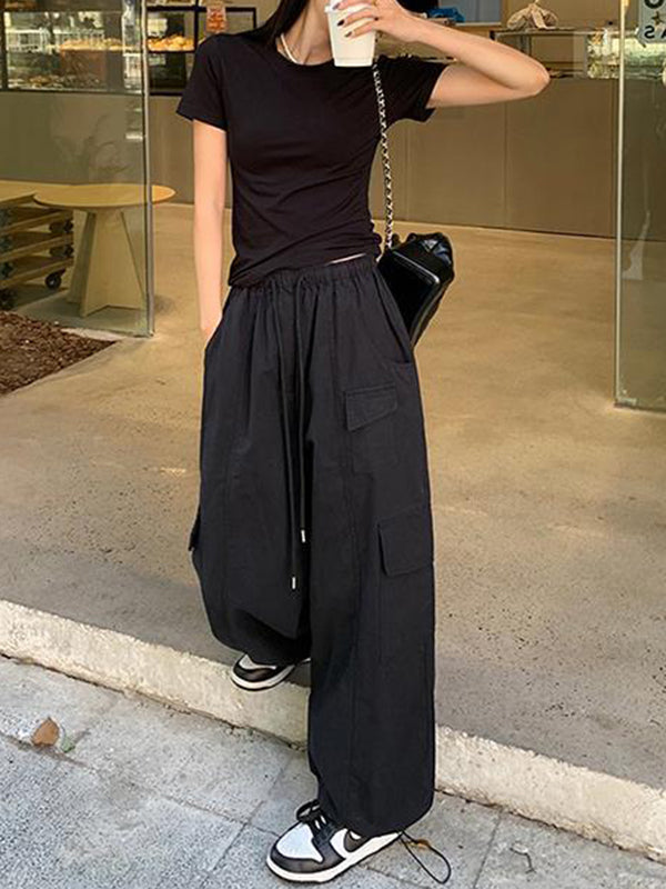 Drawstring Elasticity Pockets Solid Color Split-Joint High Waisted Loose Trousers Pants
