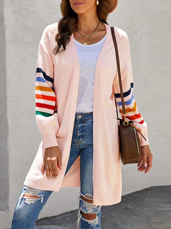 Colorful Contrast Color Striped Long Sleeves Loose Collarless Cardigan Tops