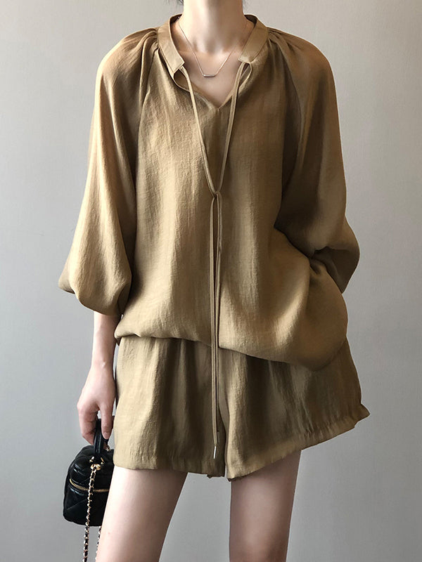 Split-Joint Solid Color  Sun Protection Tied V-neck Long Sleeves Top + Shorts Two Pieces Set