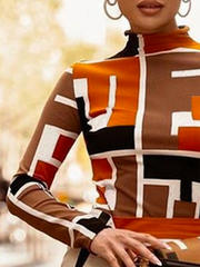 Geometric Printed Long Sleeves Skinny High Neck T-Shirts Tops