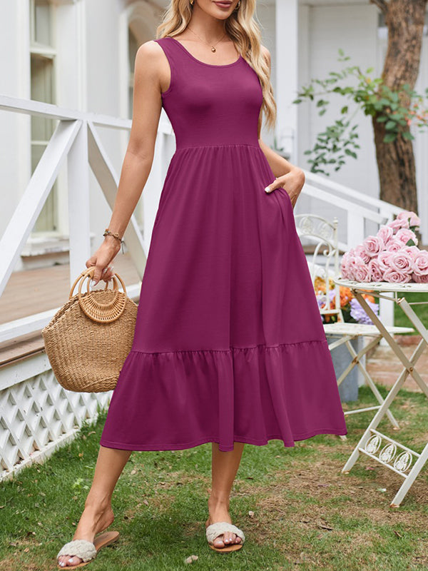 Pleated Pockets Solid Color Split-Joint A-Line Loose Round-Neck Midi Dresses