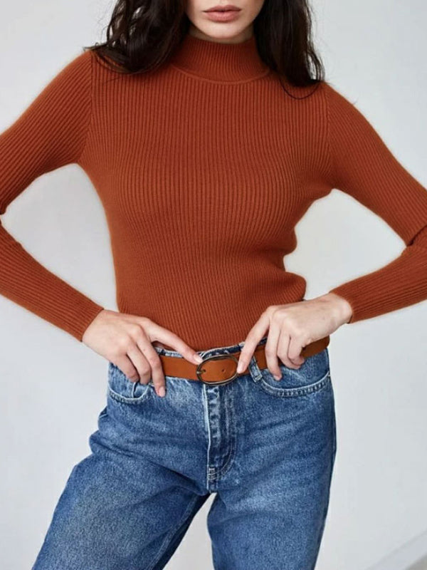 Solid Color Split-Joint Long Sleeves Skinny High Neck Sweater Tops