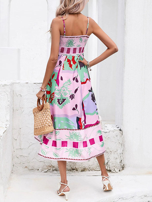 Pleated Printed Split-Joint High Waisted Sleeveless Collarless Slip Dress Midi Dresses