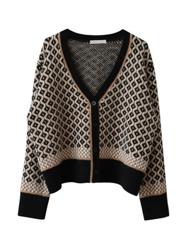 Vintage Loose Rhombic V-Neck Cardigan