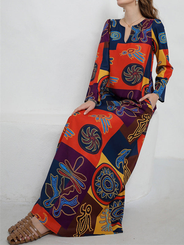 Color-Block Printed Long Sleeves Loose V-Neck Maxi Dresses