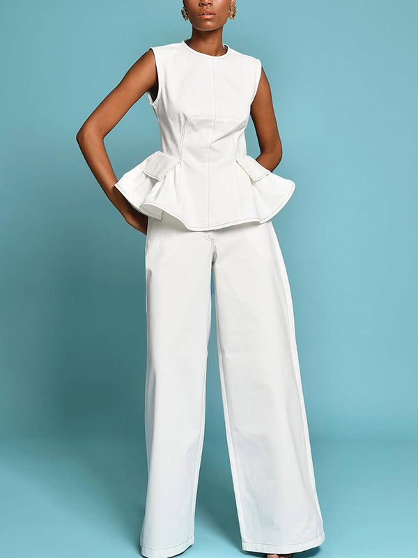 Pleated Solid Color Loose Sleeveless Round-Neck Vest Top