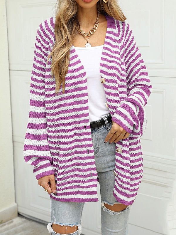 Casual Loose Long Sleeves Striped V-Neck Cardigan Tops