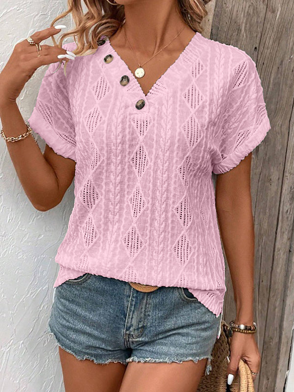 Buttoned Solid Color Loose Short Sleeves V-Neck T-Shirts Tops