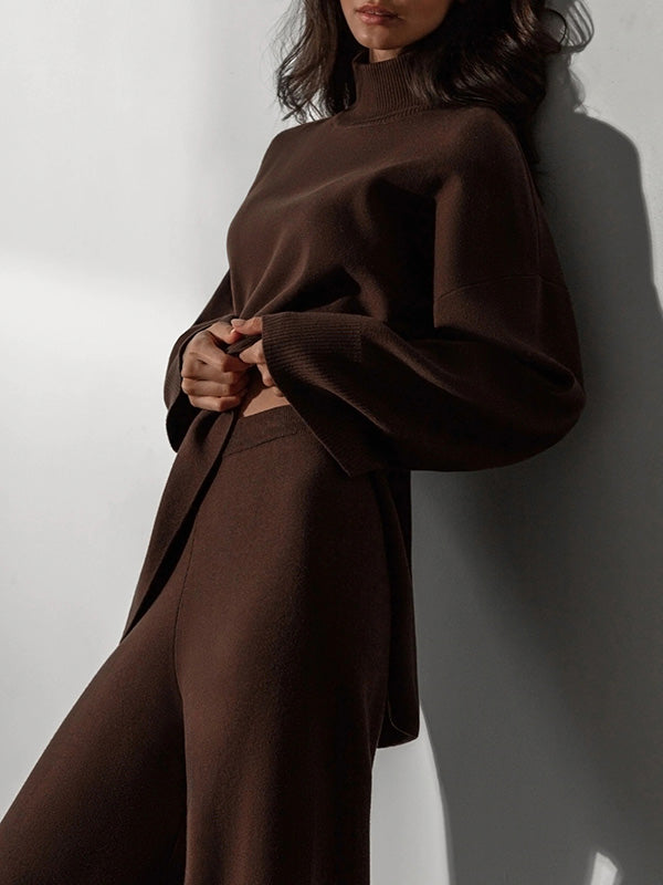 Casual Solid Color Irregularity High-Neck Sweater& Wide Leg Pants Suits