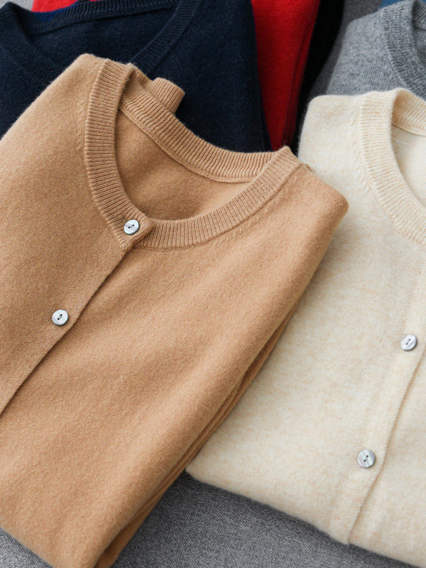 Buttoned Elasticity Long Sleeves Round-Neck Knitwear Cardigan Tops
