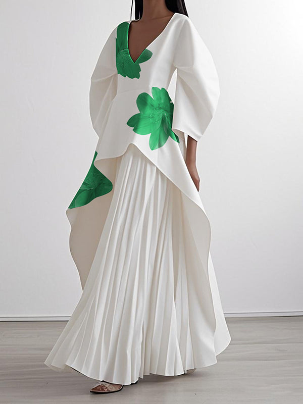 Flower Print Pleated A-line Loose V-neck Maxi Dresses