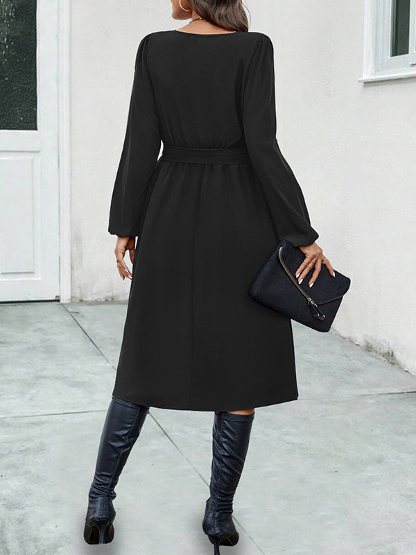 Buttoned Solid Color Tied Waist A-Line Long Sleeves Asymmetric Collar Midi Dresses