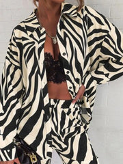 Plus Size Zebra-Stripe  Buttoned Lapel Long Sleeves Blouses Top + Elasticity Pants Bottom Two Pieces Set