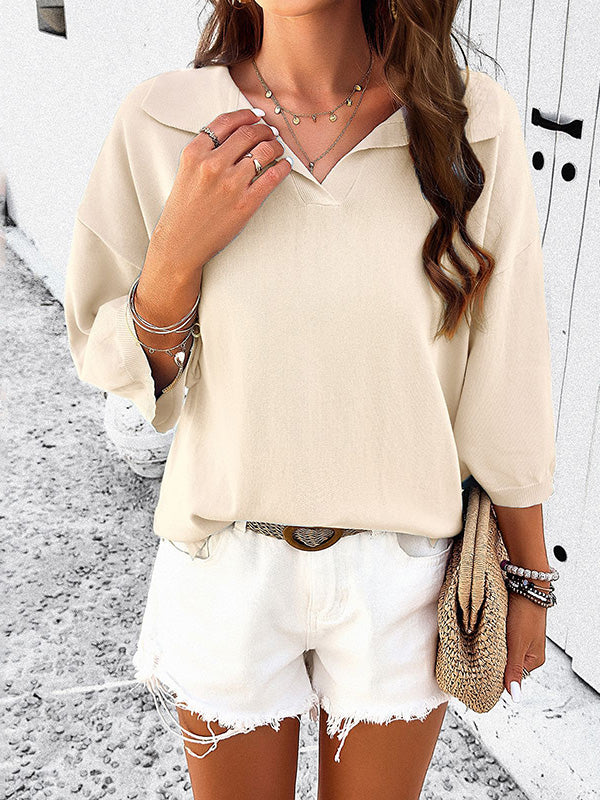 Solid Color Split-Joint Loose Three-Quarter Sleeves Lapel T-Shirts