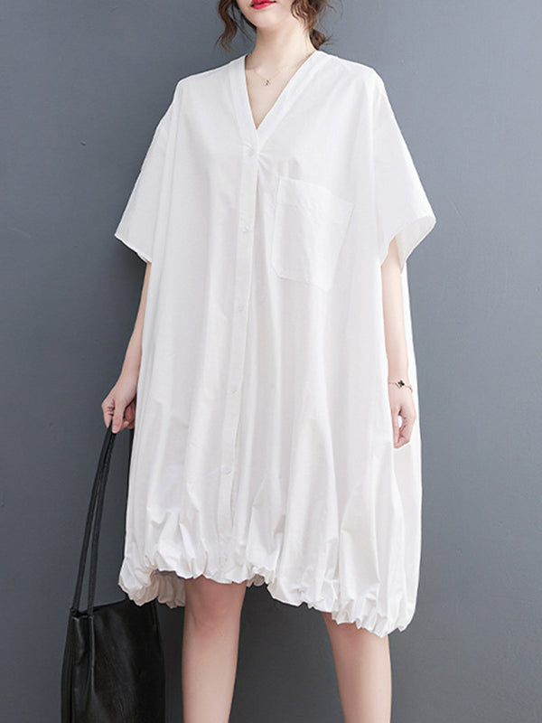 Elasticity Solid Color Half Sleeves Loose V-Neck Mini Dresses