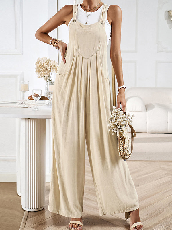 Pleated Pockets Split-Joint Loose Sleeveless Spaghetti-Neck Overalls
