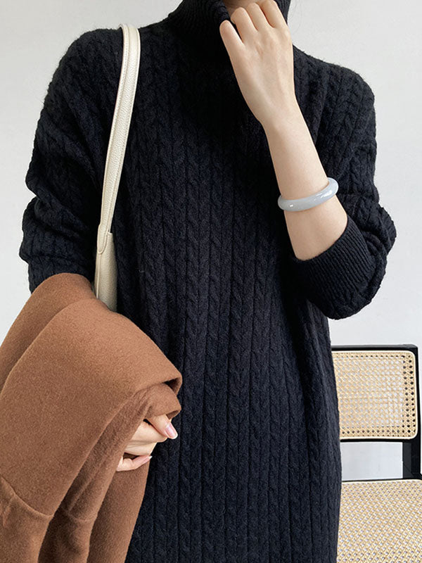 Stylish Loose Long Sleeves Solid Color High-Neck Twist Sweater Dresses