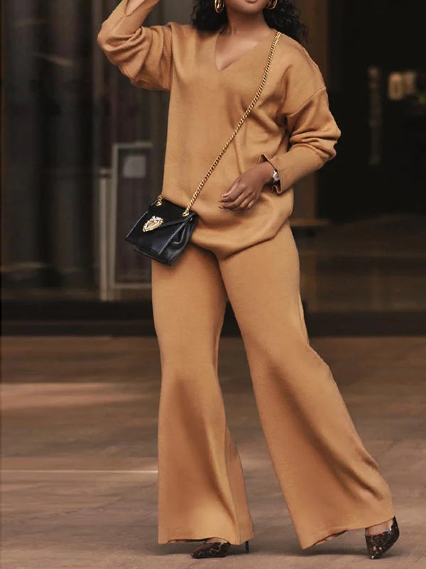 Long Sleeves Loose Solid Color V-Neck Pullovers