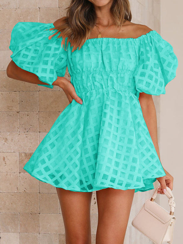 Elasticity Solid Color Split-Joint High Waisted Loose Off-The-Shoulder Mini Dresses