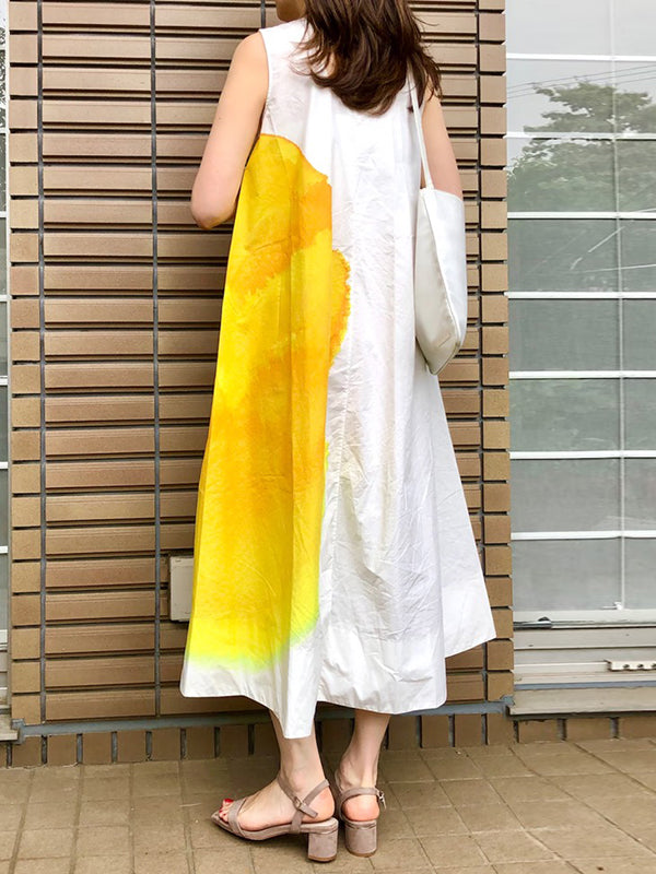 Flower Print Pockets A-line Loose Round-neck Midi Dresses