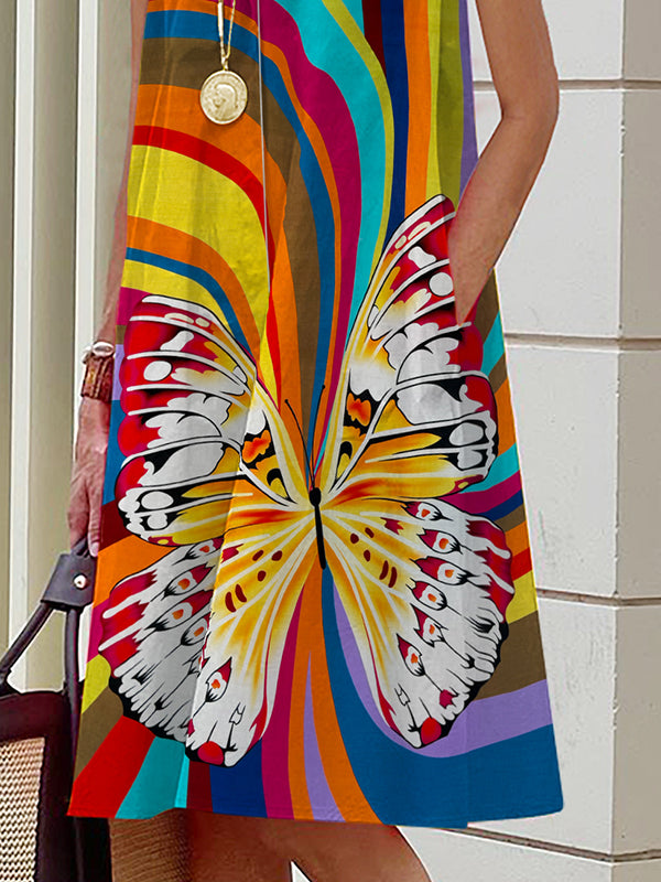 Butterfly Print Contrast Color Pockets A-line Loose Lapel Midi Dresses