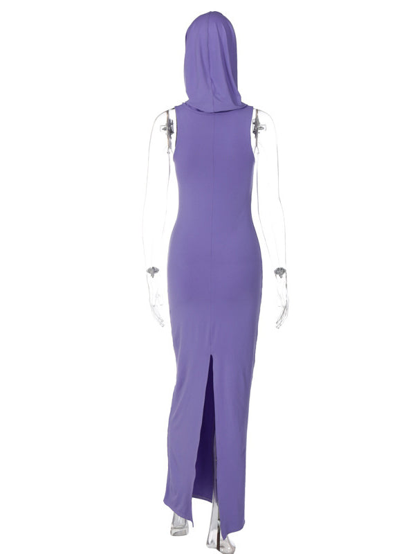 Hooded Solid Color Split-Back Bodycon High Waisted Maxi Dresses