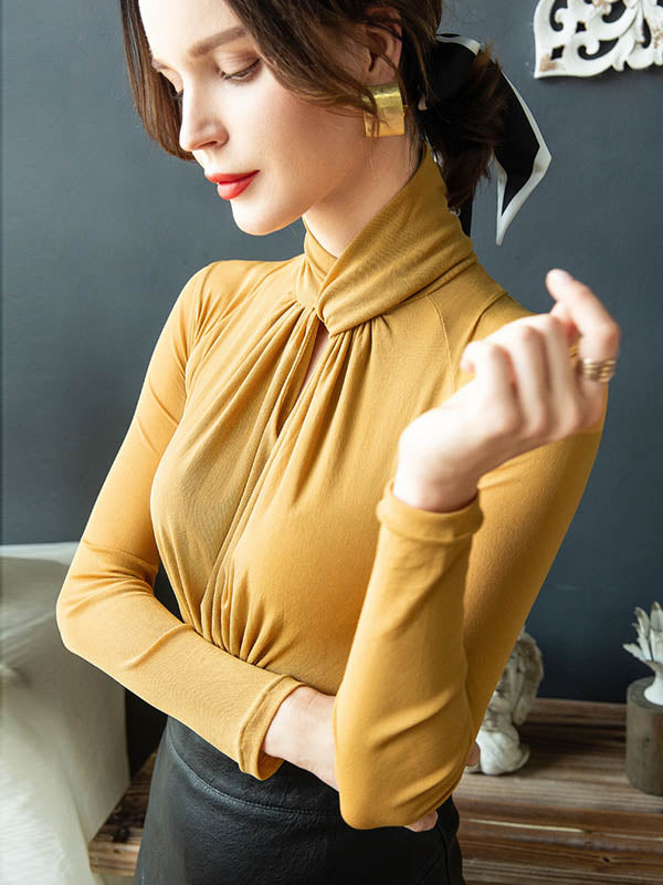 Hollow Mesh Pleated See-Through Solid Color Twist Long Sleeves Plus Size Half Turtleneck Blouses&Shirts Tops