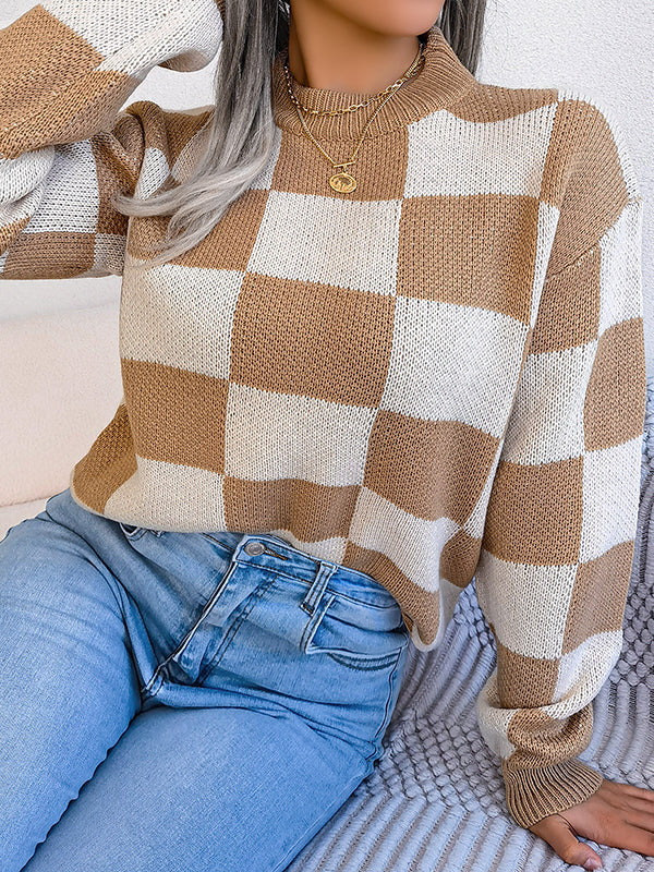 Contrast Color Plaid Long Sleeves Loose Round-Neck Sweater Tops
