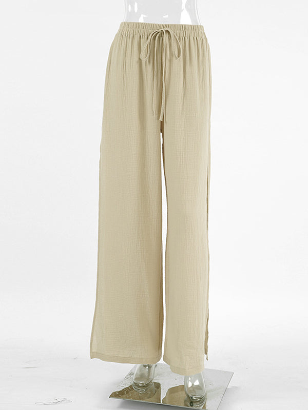 Drawstring Elasticity Solid Color Split-side High Waisted Loose Trousers Pants