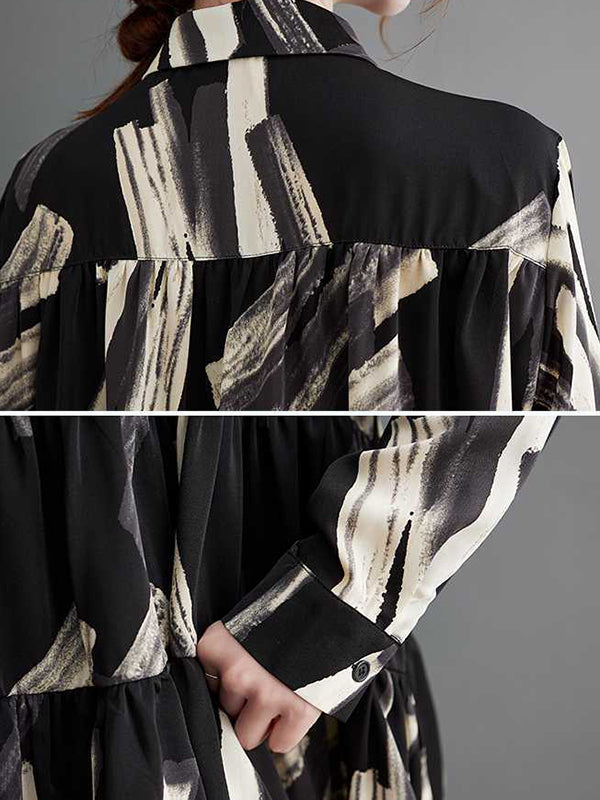 Pleated Printed Split-Joint Long Sleeves Loose Lapel Blouses
