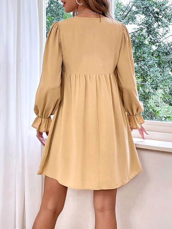 Buttoned Elasticity Pleated Velvet Flared Sleeves High Waisted Round-Neck Mini Dresses
