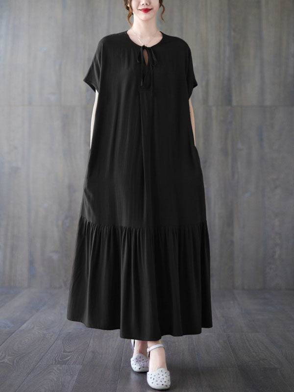 Lace-Up Pleated Solid Color Split-Joint Loose Short Sleeves Round-Neck Midi Dresses