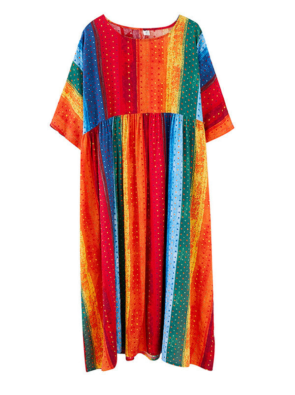 Striped Printed Loose A-Line Round-Neck Dress